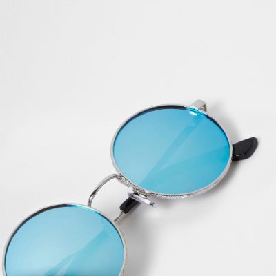 Silver circle lens blue mirror sunglasses